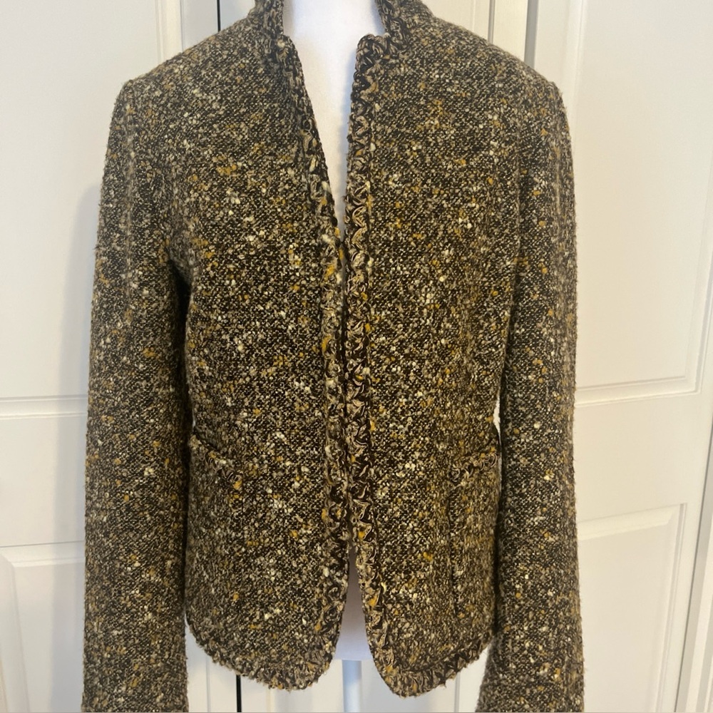 J Crew The Greenwich tweed wool-blend blazer collarless and fringed edges sz 10